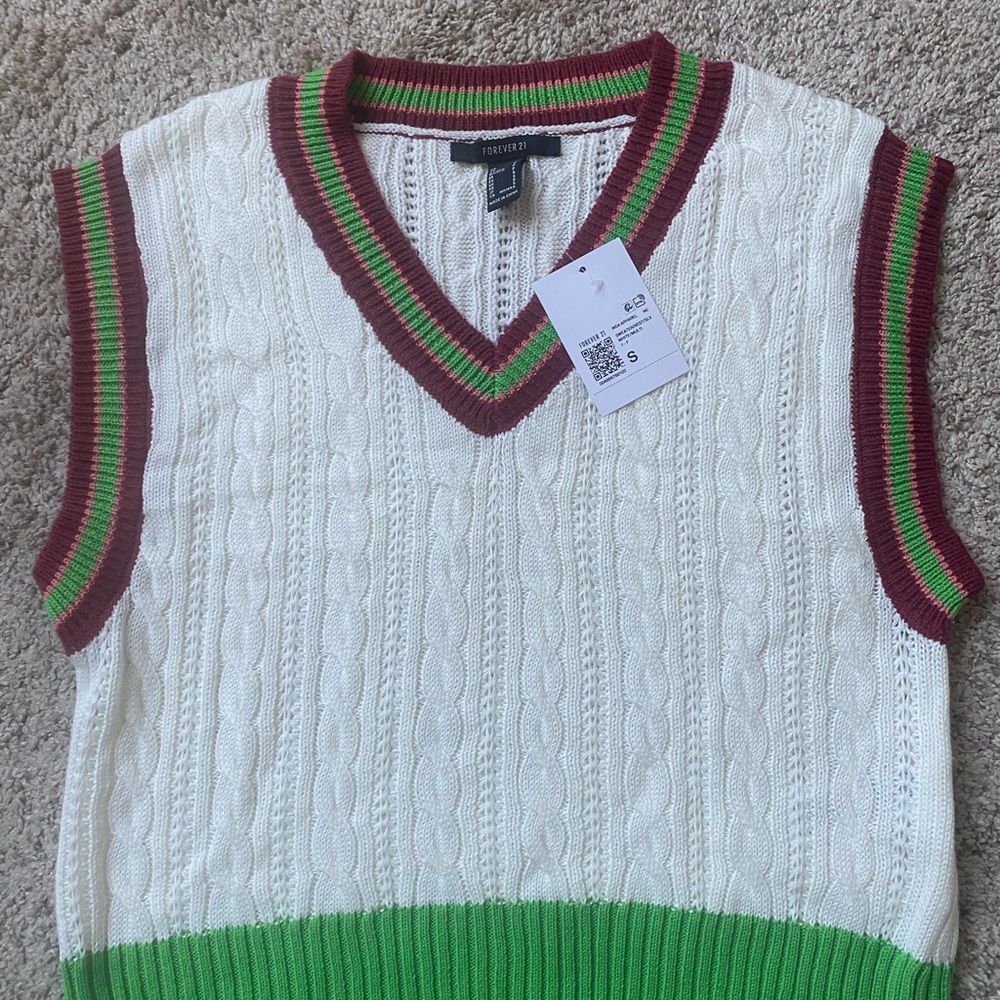 Cable Knit Vest with Colorful Trim